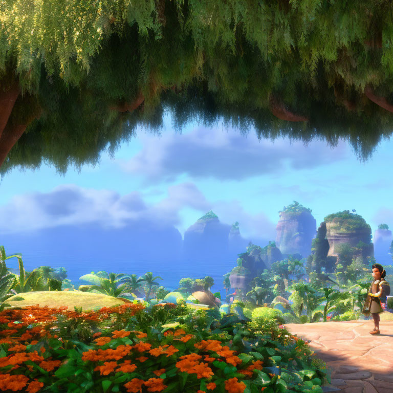 Tropical landscape with lush greenery, vibrant flowers, clear sky, and animated character walking.