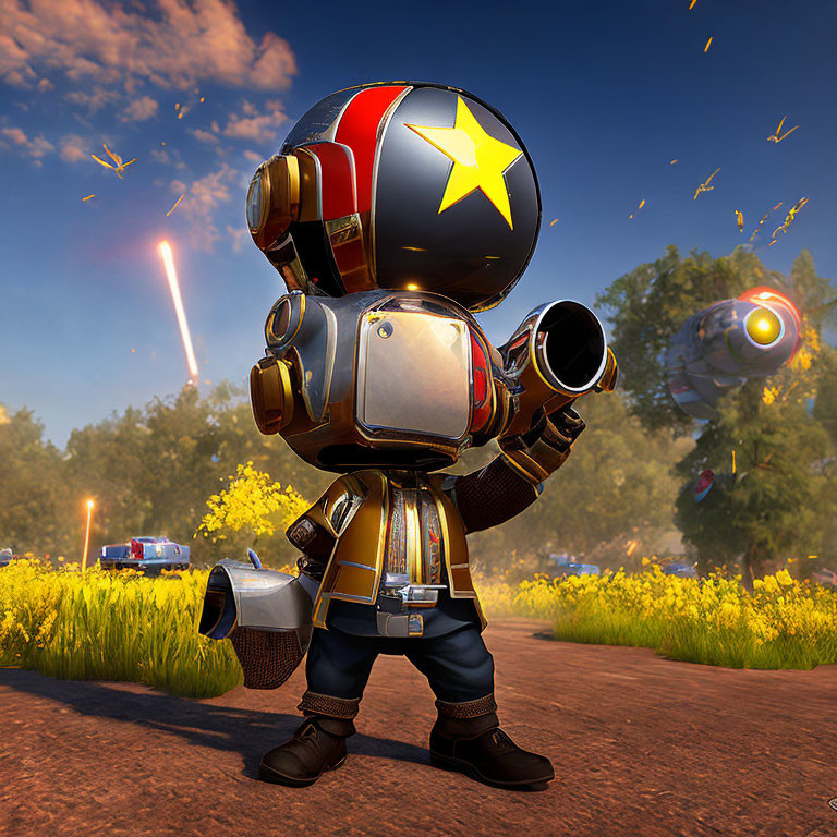 Armored character with cannon arm in vibrant field and fiery sky.