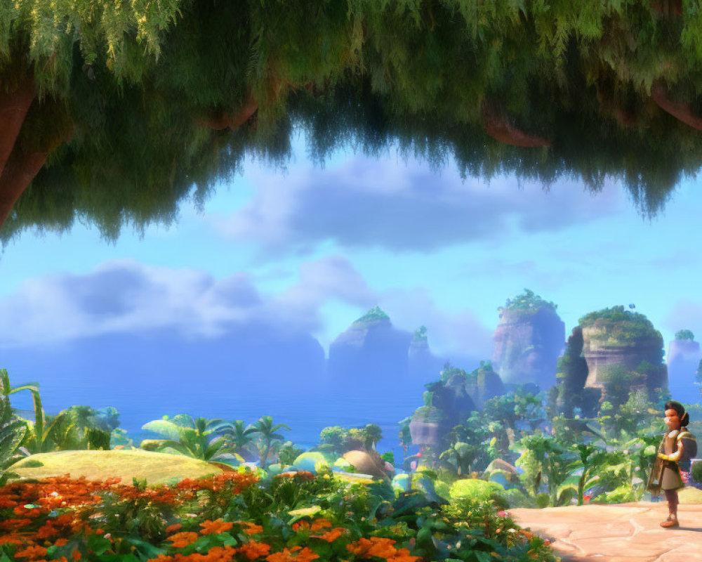 Tropical landscape with lush greenery, vibrant flowers, clear sky, and animated character walking.