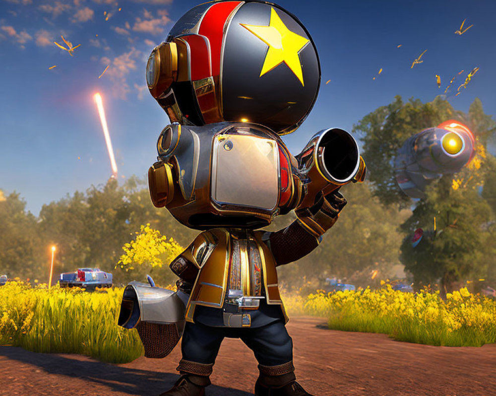 Armored character with cannon arm in vibrant field and fiery sky.