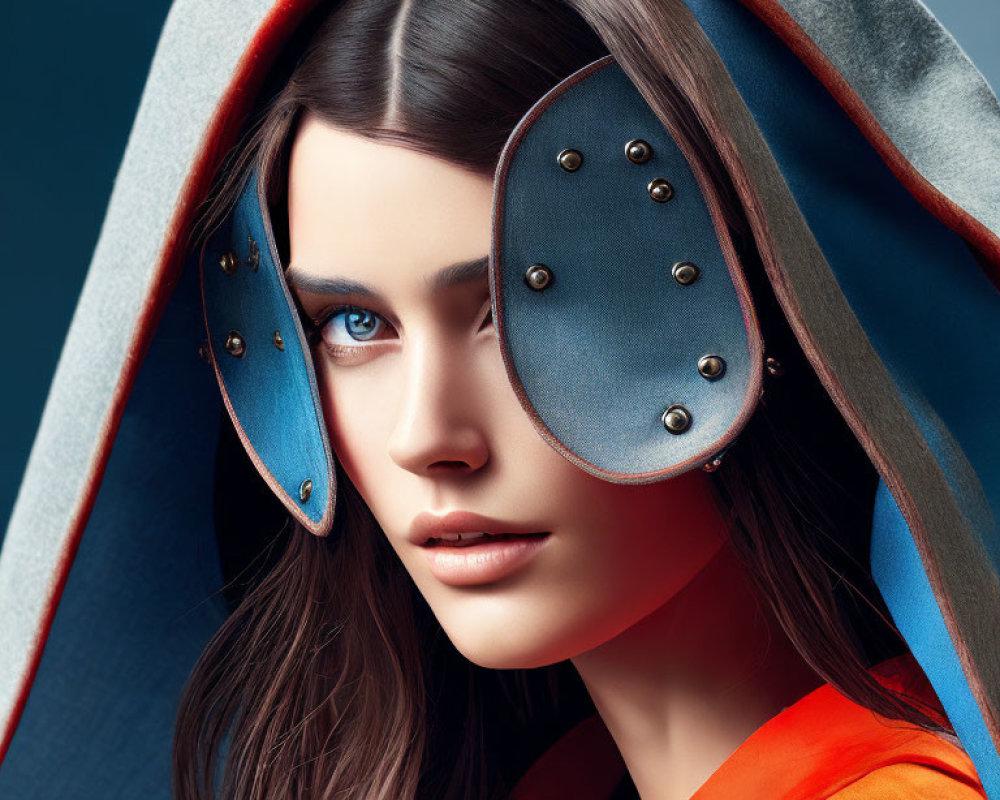 Woman with Striking Blue Eyes in Futuristic Hood with Metallic Adornments