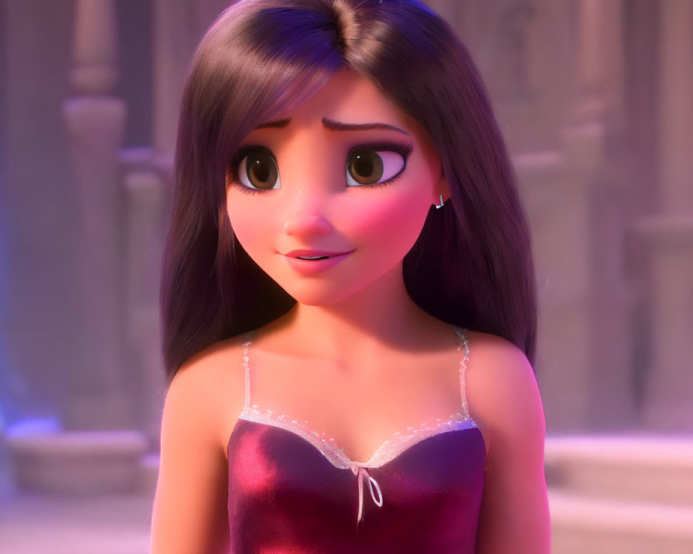 3D-animated female character with large eyes and purple dress in softly lit room