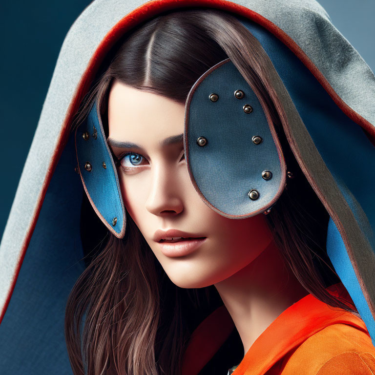 Woman with Striking Blue Eyes in Futuristic Hood with Metallic Adornments