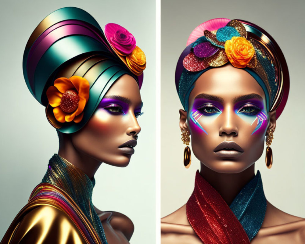 Vibrant makeup models with colorful headwraps and flowers on neutral background