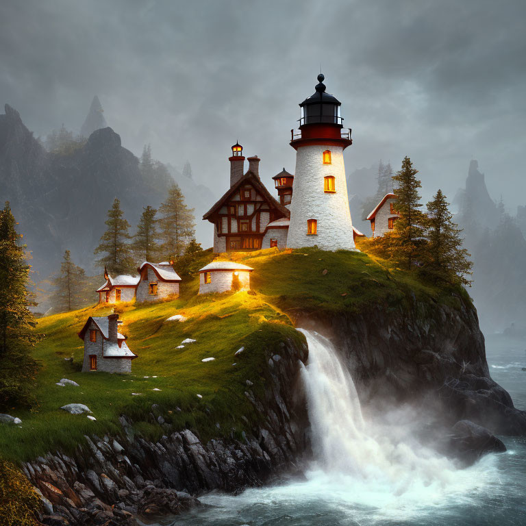 Cliffside lighthouse with waterfall, misty ambiance & rocky terrain