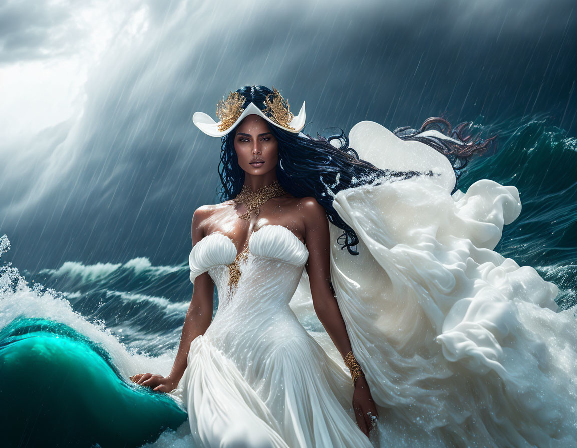 Majestic woman in sea-themed attire with golden crown on wave under stormy sky