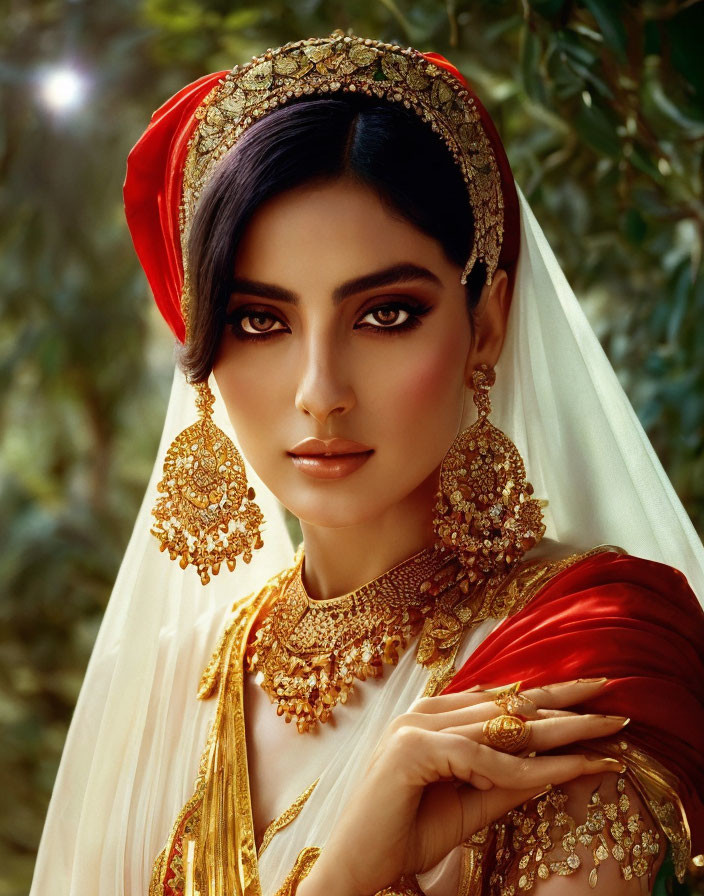 Traditional Bridal Attire with Red Headpiece and Gold Jewelry