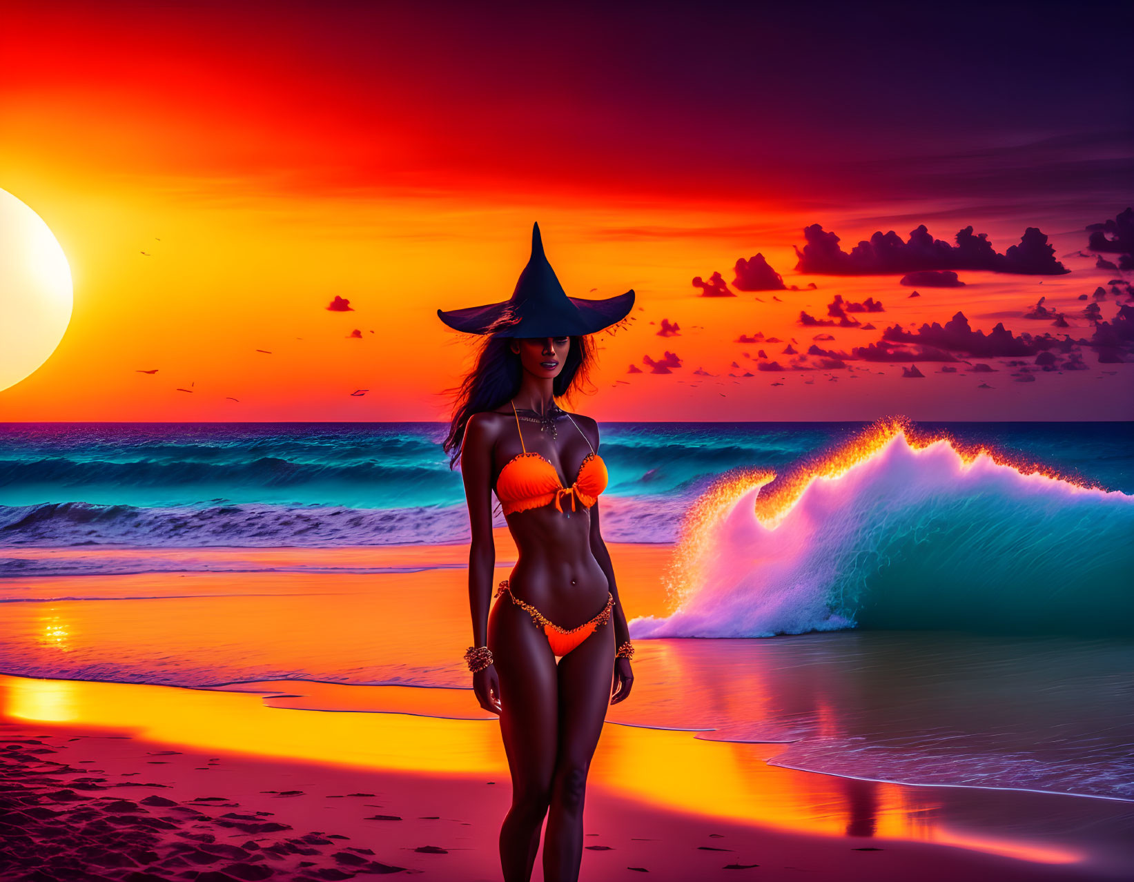 Woman in bikini and witch hat on beach at sunset with crashing wave and birds