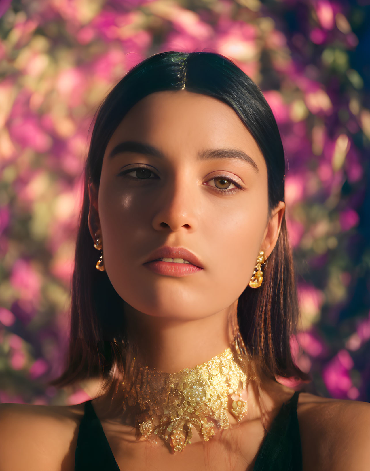 Woman wearing golden choker and earrings with purple flowers background