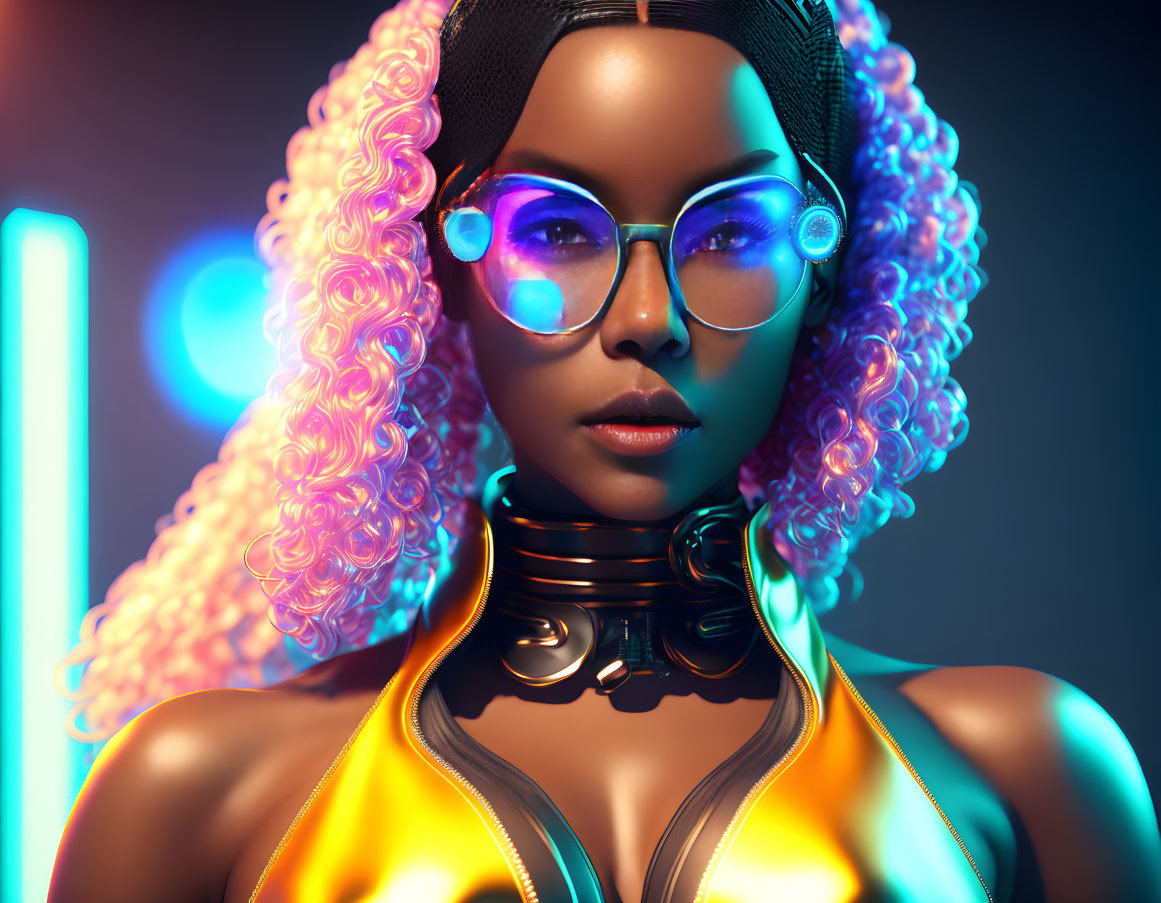 Stylized 3D illustration of woman with curly hair, glasses, headphones, futuristic attire on