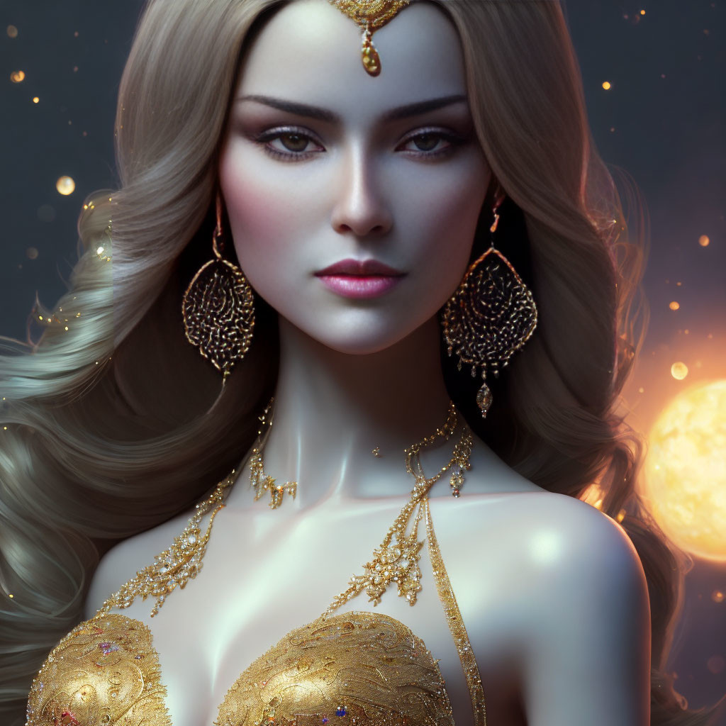 Illustration of Woman with Long Blonde Hair and Golden Jewelry in Serene Pose