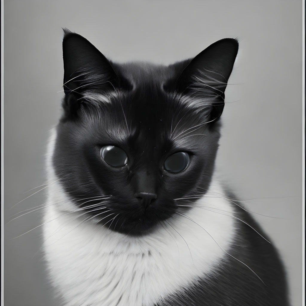 Striking black and white cat with captivating eyes on grey backdrop