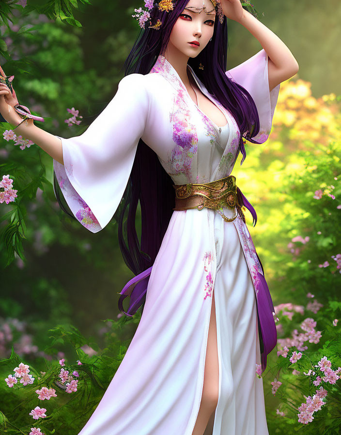 Digital artwork of woman with long purple hair in Asian-inspired outfit in lush forest