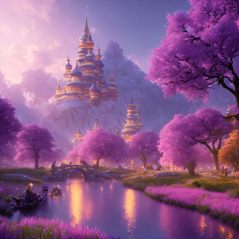 Majestic fairy tale castle in a serene purple landscape