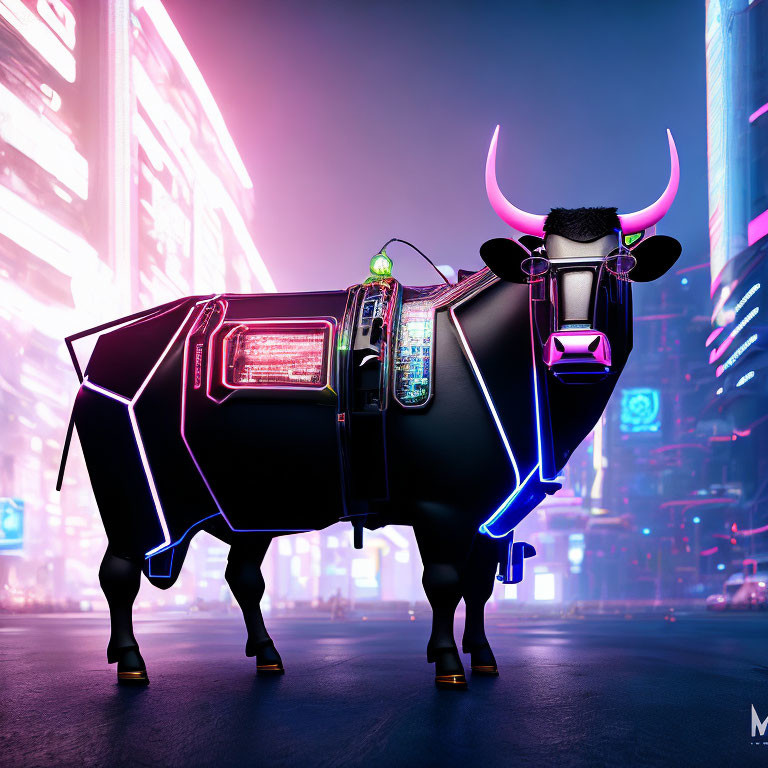 Stylized cybernetic bull in neon-lit futuristic cityscape