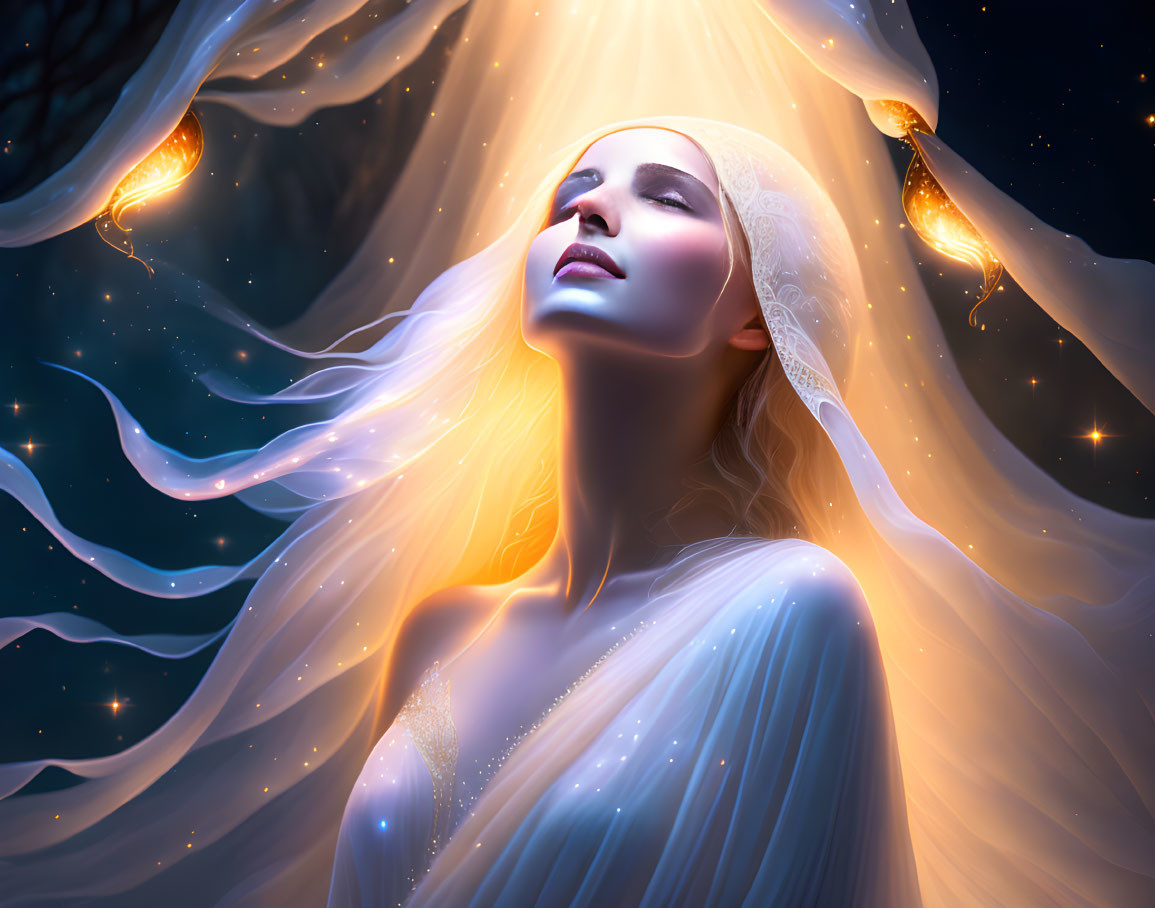 Ethereal woman with glowing skin and white hair in starlit setting