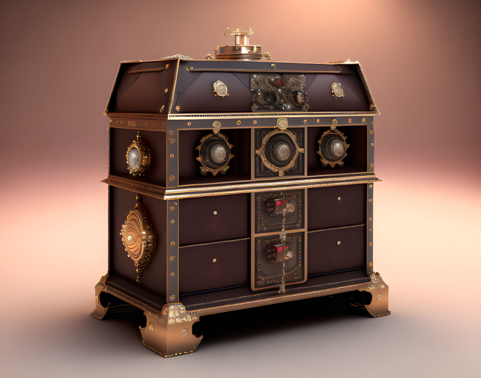 Vintage Wooden Chest with Brass Accents and Intricate Metalwork on Gradient Background