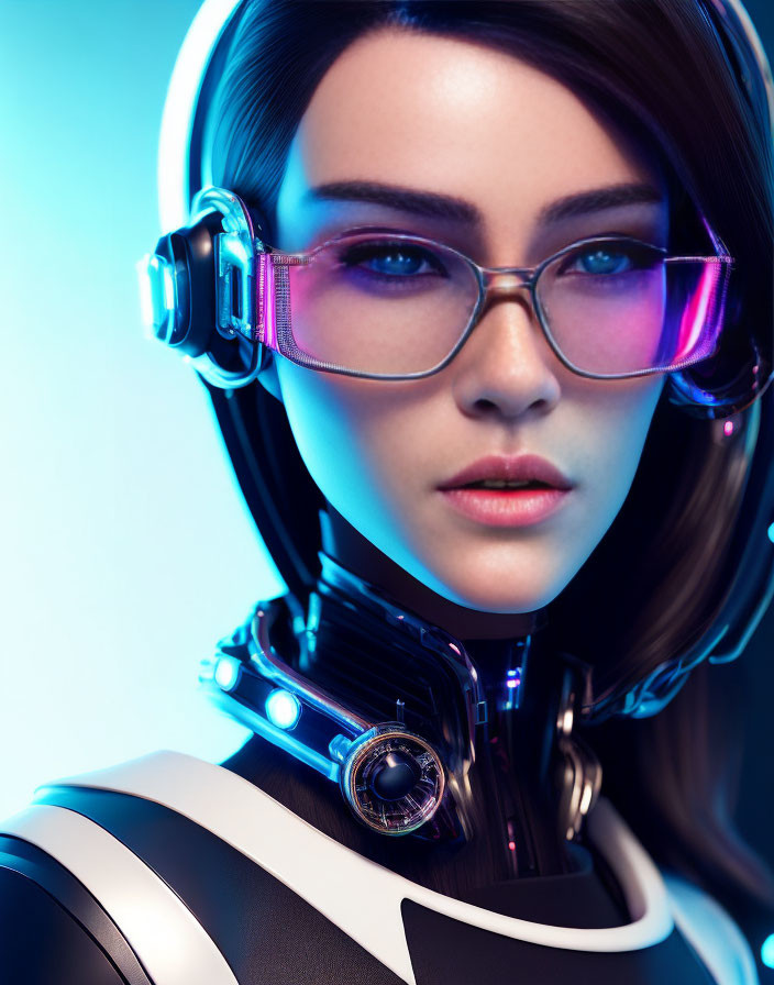 Futuristic female character with glowing headphones, glasses, and high-tech suit