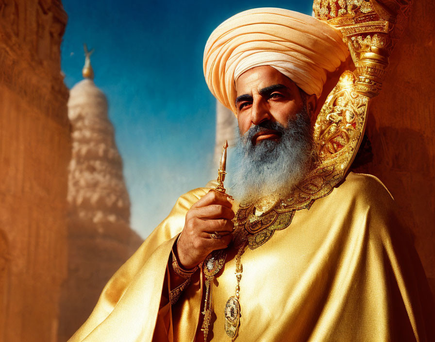 Regal man in traditional attire with turban holding scepter against historic tower.