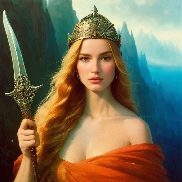 Red-haired woman in crown with jeweled sword against mountains