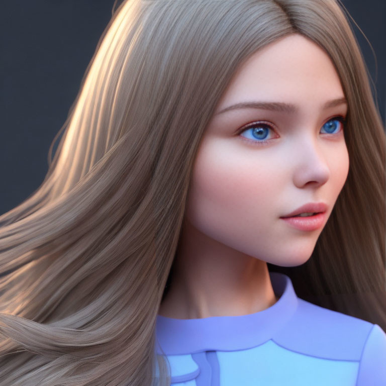 3D-rendered female character with blonde hair and blue eyes in lavender top