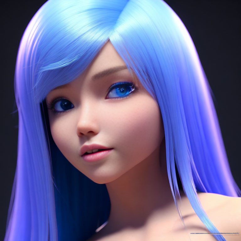 Vivid Blue-Haired Female Character in 3D Render Against Dark Background