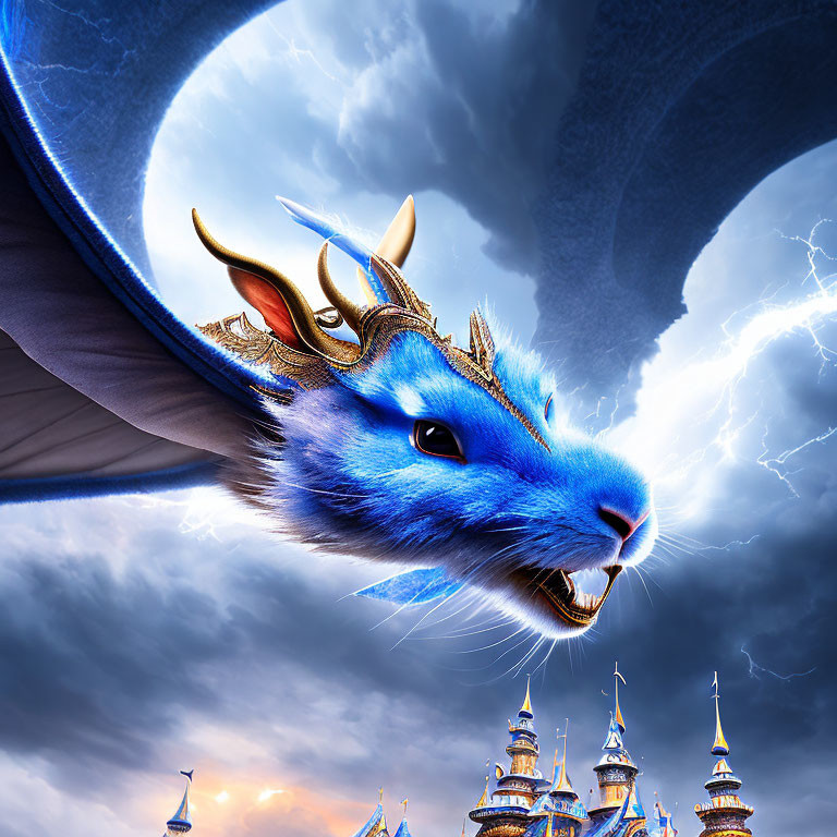 Blue dragon with golden horns flying above stormy sky and intricate castle.