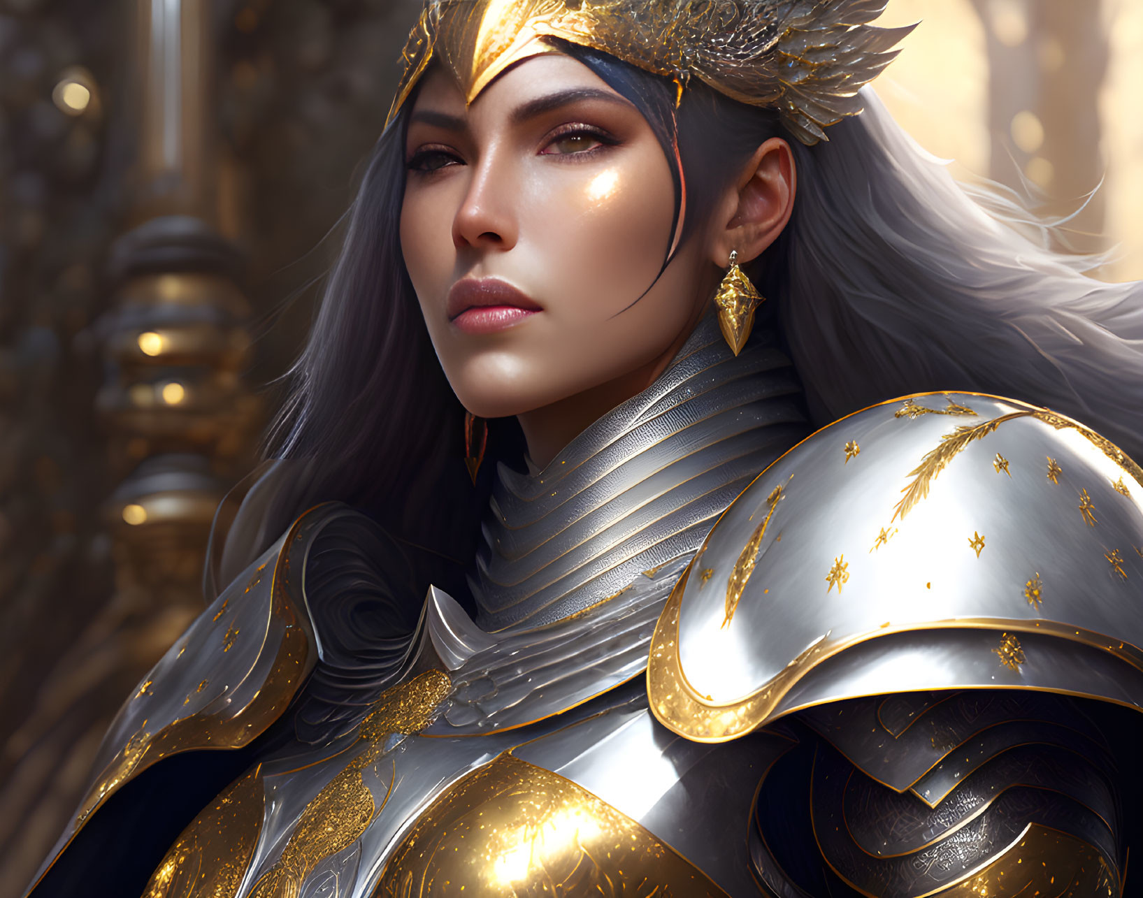 Female warrior in ornate golden armor and helmet: Detailed illustration