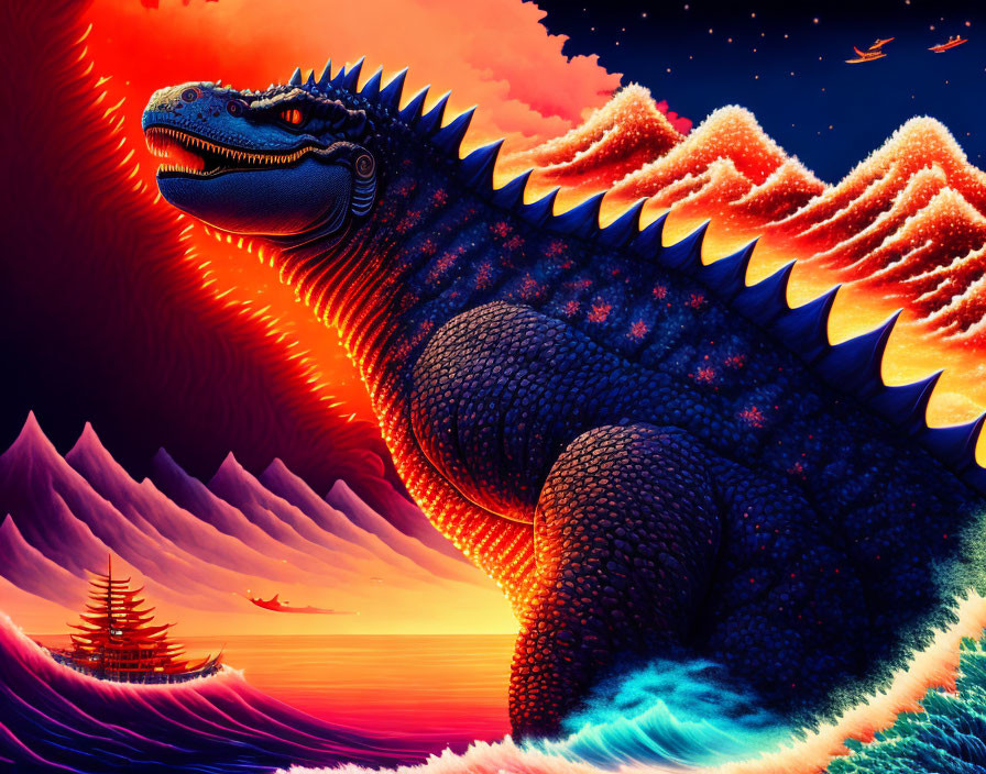 Colorful artwork of giant iguana creature in starry texture gazing over ocean with ships under