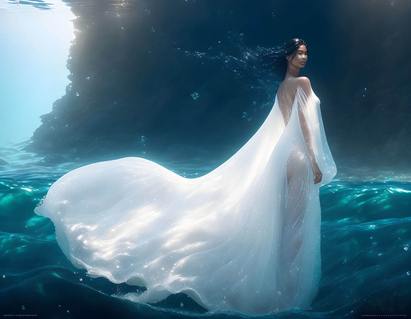 Woman in white dress standing in blue water with light and bubbles