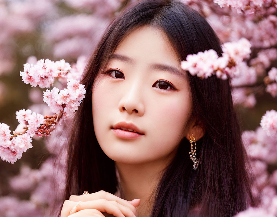 Long-haired woman with subtle makeup posing among pink cherry blossoms