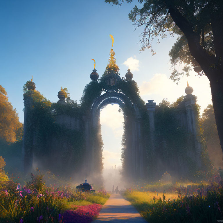 Fantastical archway in lush garden with golden sunlight.