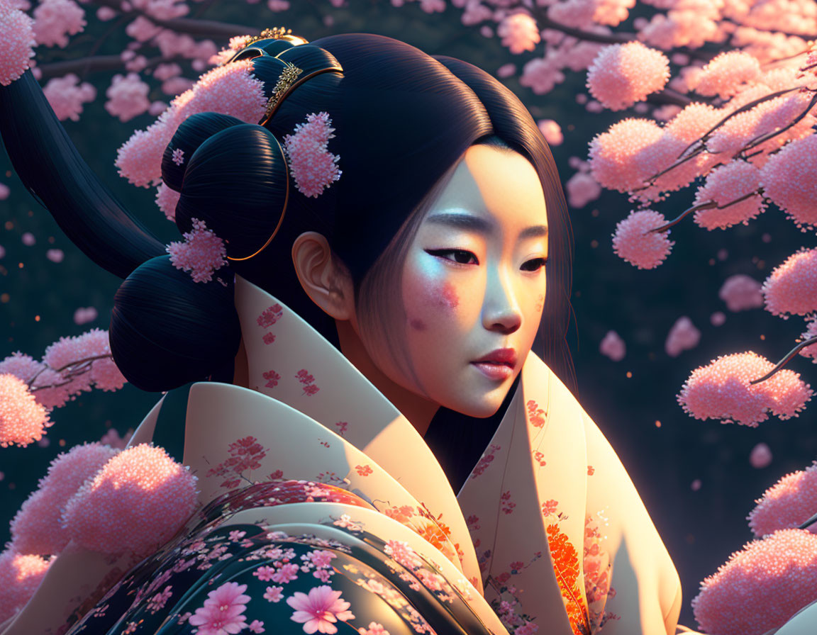 Digital art portrait of woman in Japanese kimono with cherry blossoms