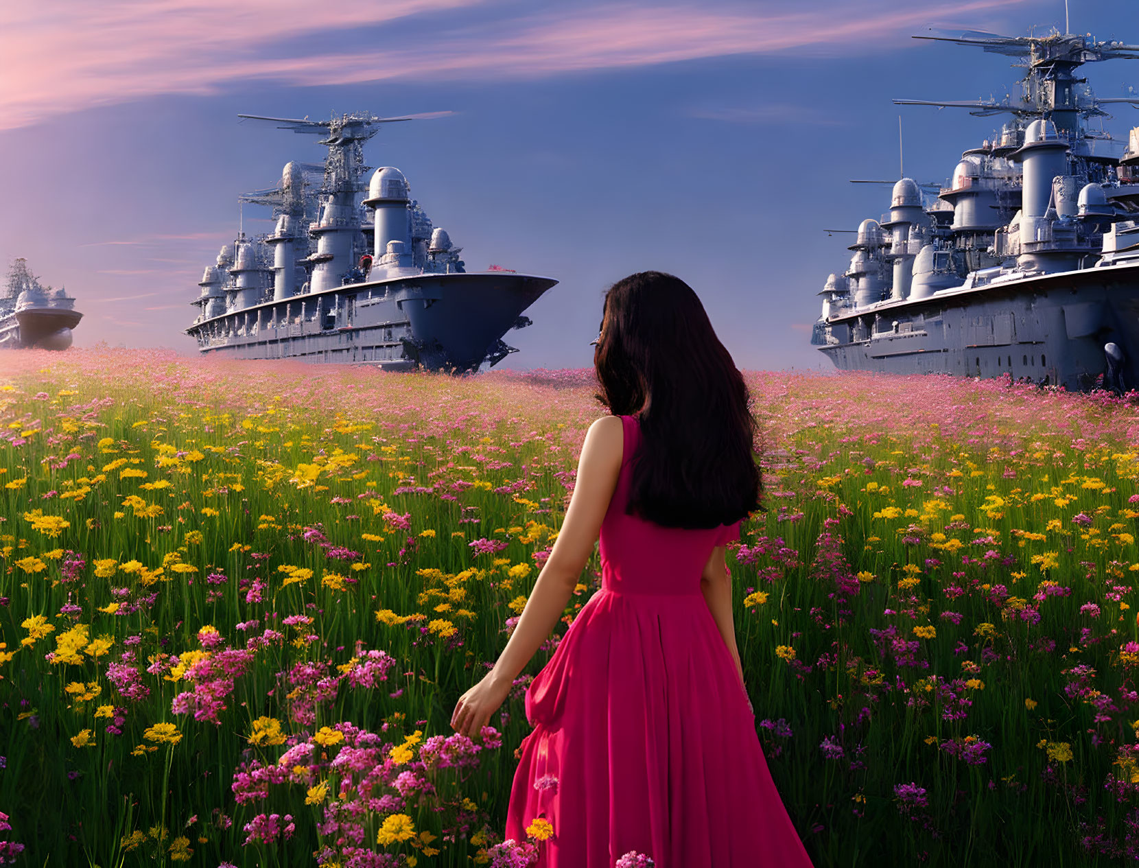 Woman in pink dress in colorful flower field with warships in sky and purple backdrop