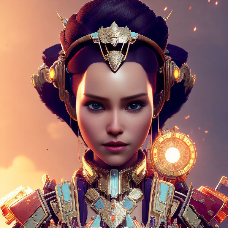 Digital Artwork: Woman with Blue Eyes, Traditional Headpiece, and Golden Armor against Twilight Sky