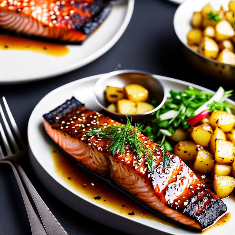 Grilled Salmon Fillets with Herbs, Potatoes, and Greens on White Plate