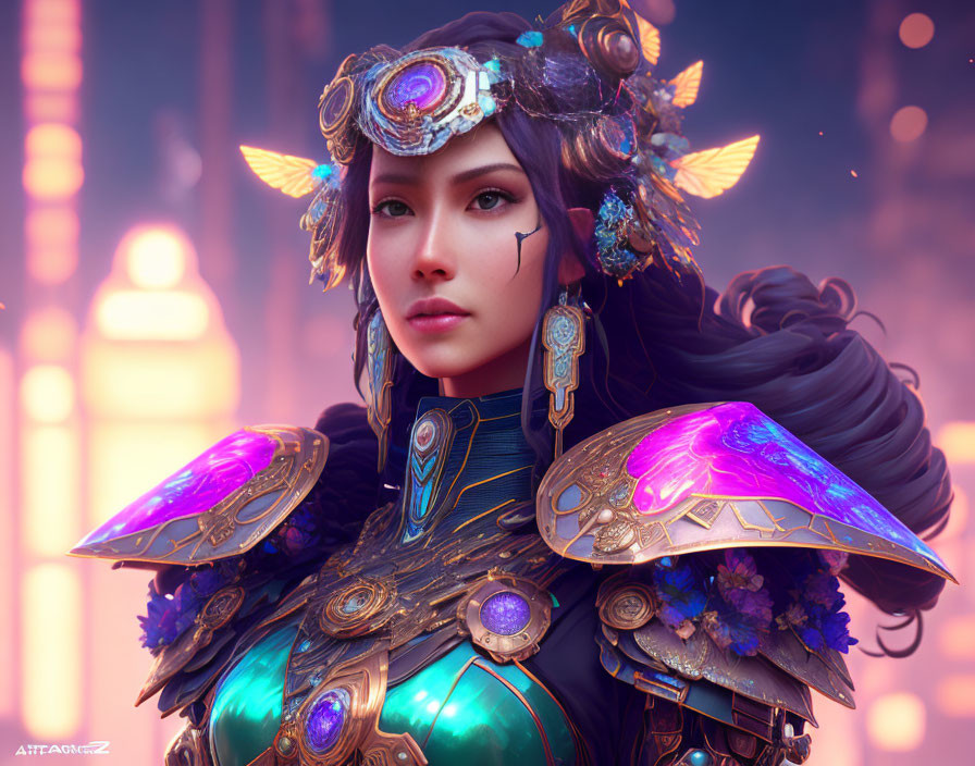 Colorful digital artwork of a woman in ornate headdress and armor