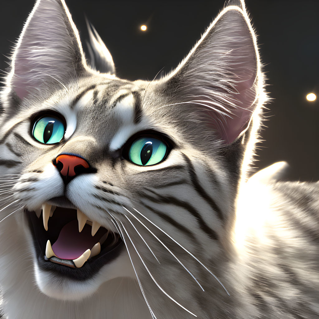 Animated grey tabby cat with green eyes meowing under warm light