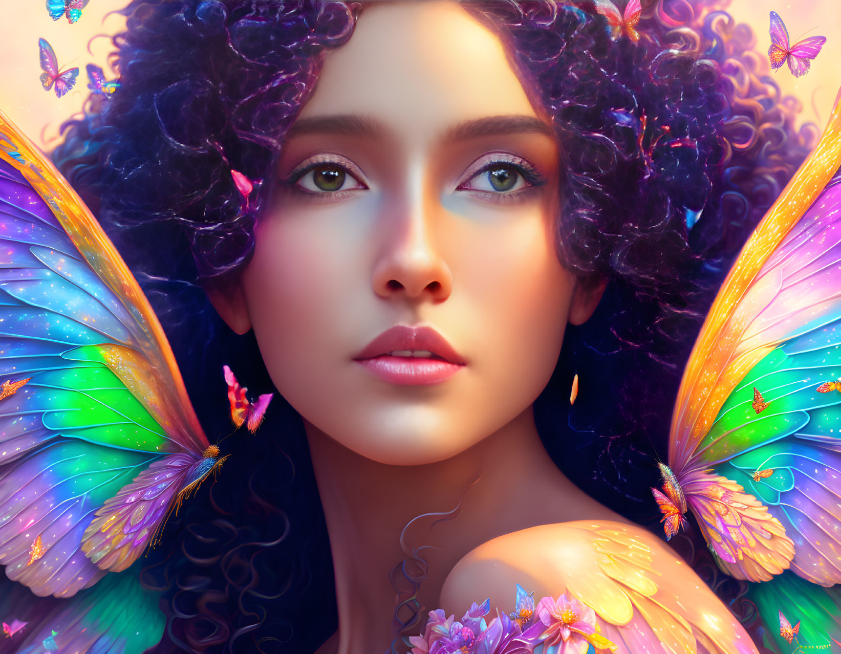 Vibrant butterfly wings on woman in digital art portrait