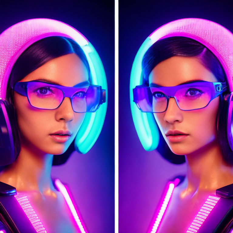 Double image of woman with glasses and neon headphones in purple and blue lights