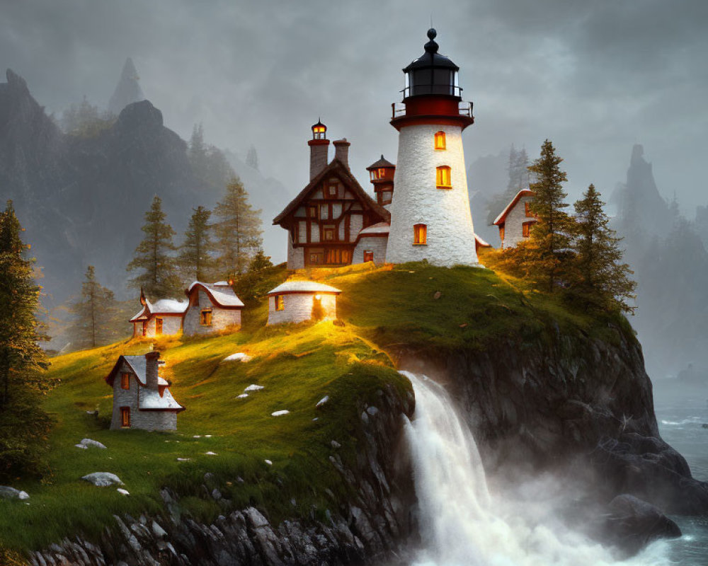 Cliffside lighthouse with waterfall, misty ambiance & rocky terrain