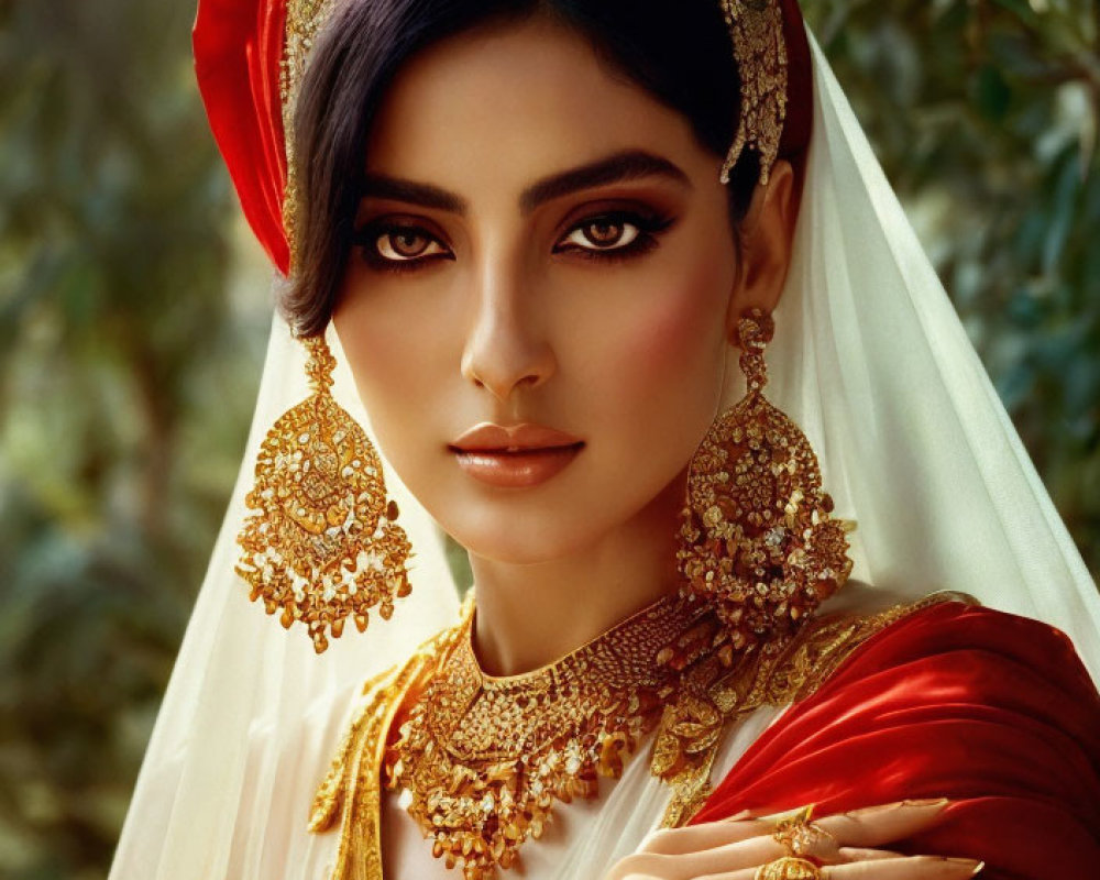 Traditional Bridal Attire with Red Headpiece and Gold Jewelry