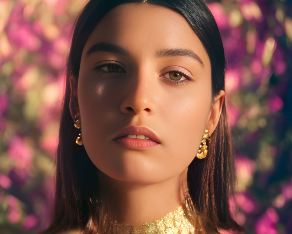 Woman wearing golden choker and earrings with purple flowers background