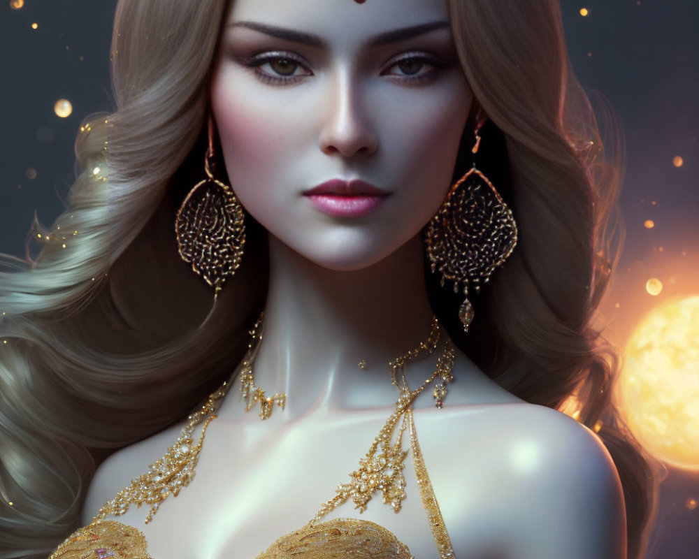 Illustration of Woman with Long Blonde Hair and Golden Jewelry in Serene Pose