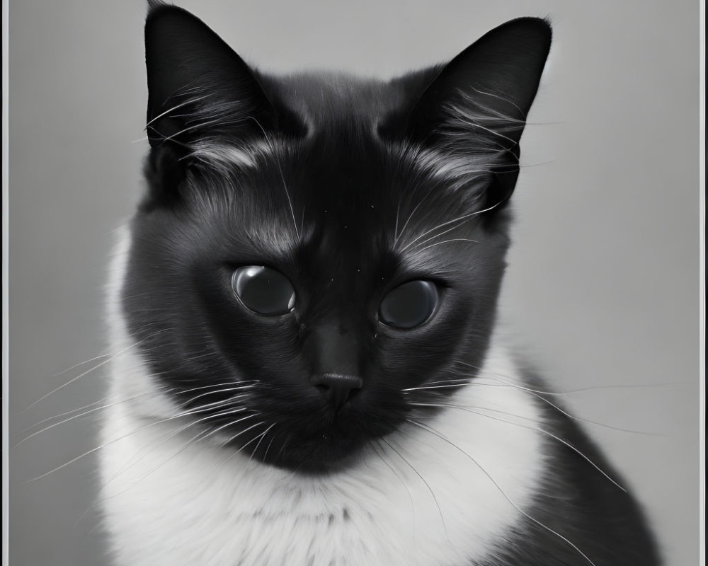 Striking black and white cat with captivating eyes on grey backdrop