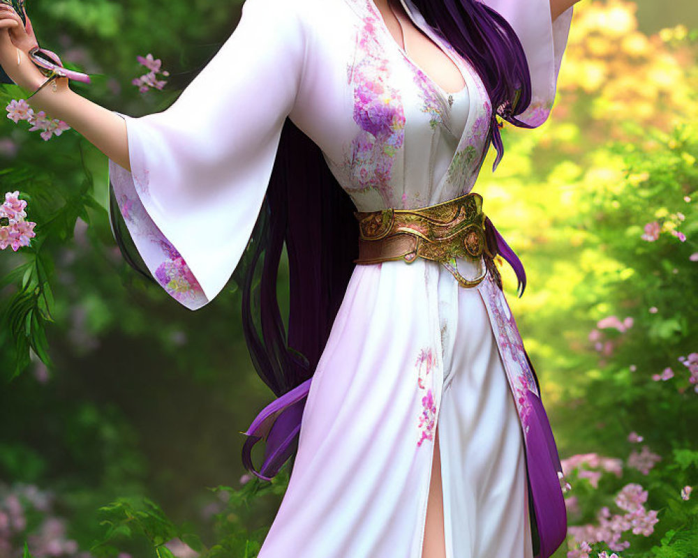 Digital artwork of woman with long purple hair in Asian-inspired outfit in lush forest