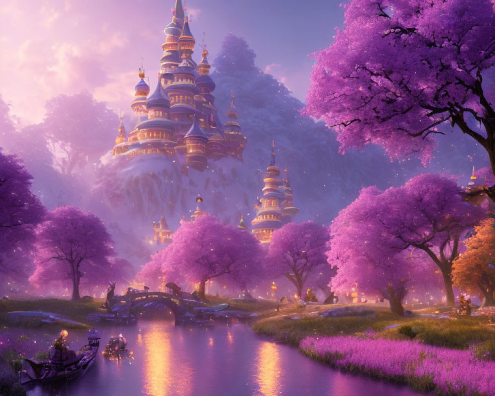 Majestic fairy tale castle in a serene purple landscape