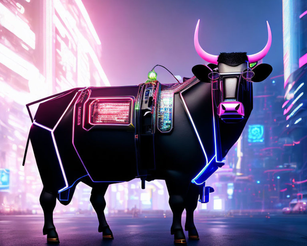 Stylized cybernetic bull in neon-lit futuristic cityscape