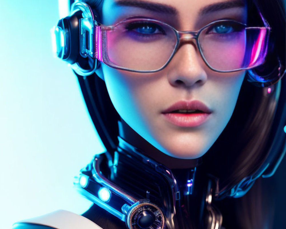 Futuristic female character with glowing headphones, glasses, and high-tech suit