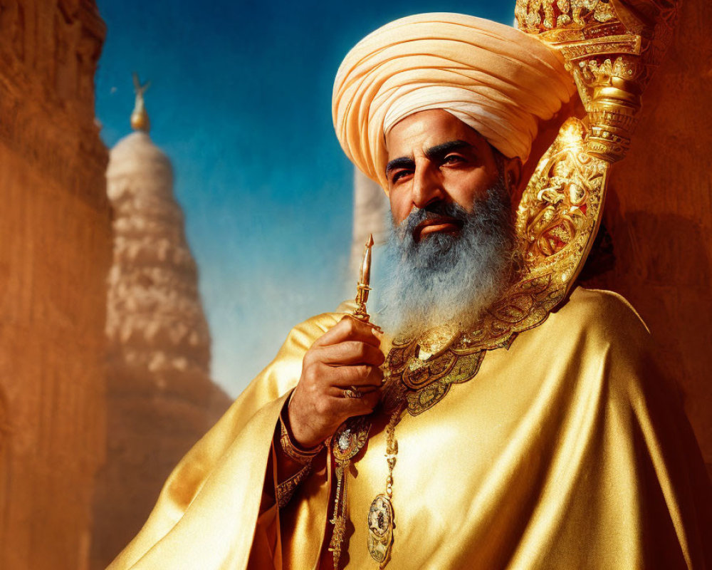 Regal man in traditional attire with turban holding scepter against historic tower.